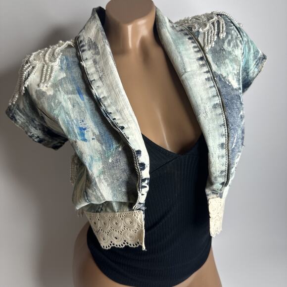 YMI Beaded Pearl Painted Denim Jacket Coquette Western Glam Festival Size S USA - Picture 2 of 13